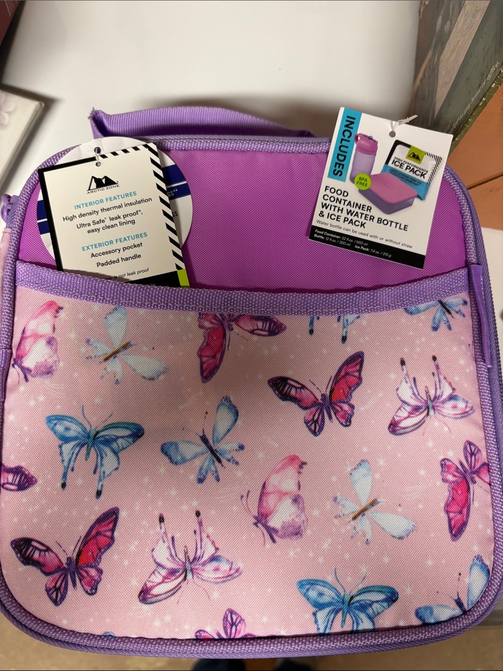 Kids Pink Butterfly Lunch Kit with Matching Bottle and Ice Pack - Picture 1 of 2